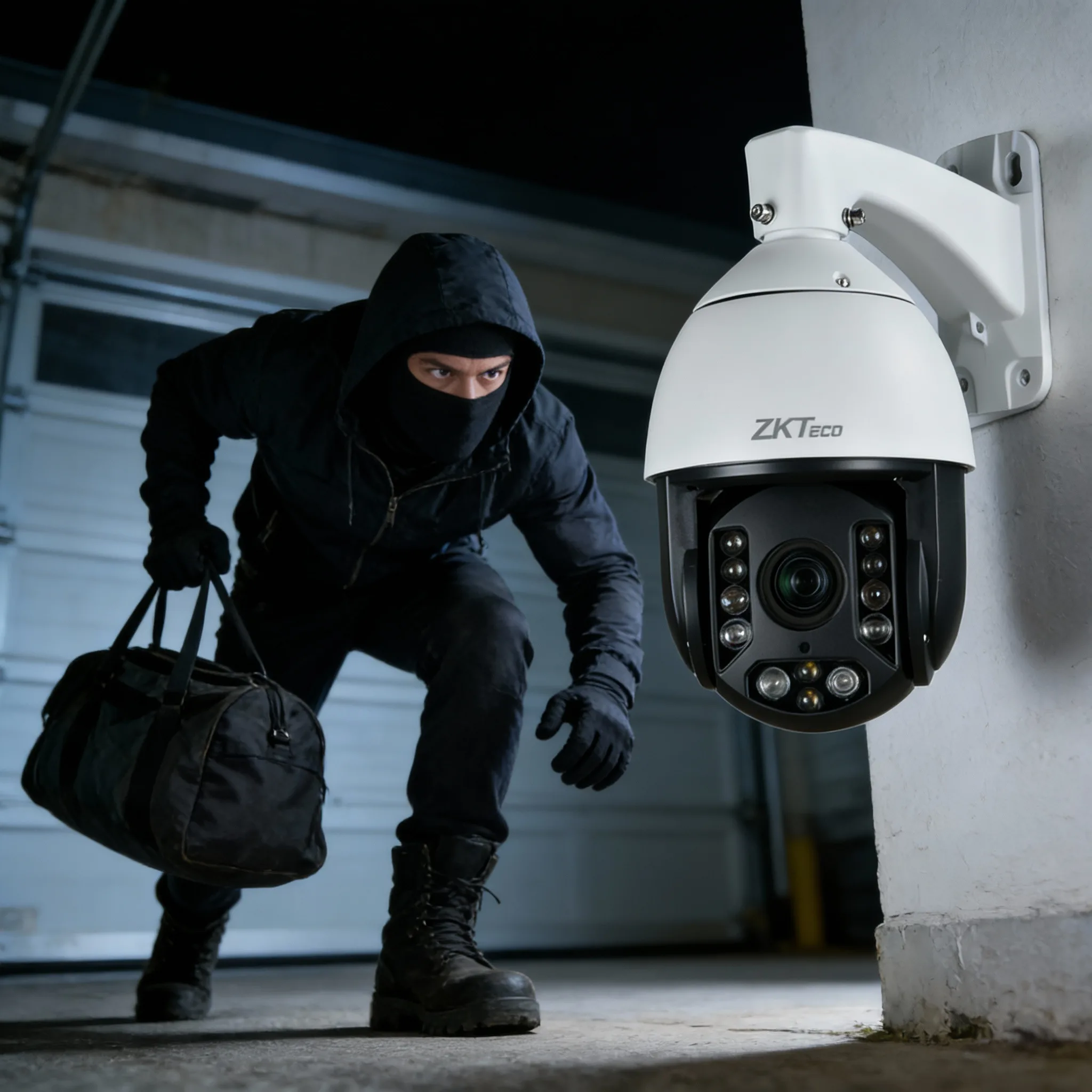 Security camera captures a masked intruder. Dome-shaped CCTV, metallic finish, red LED. Intruder: dark hooded jacket, athletic, duffel bag, gloved hands. Tense, alert, darting eyes, hunched, heavy boots. Low-angle shot. Cinematic, high-resolution.