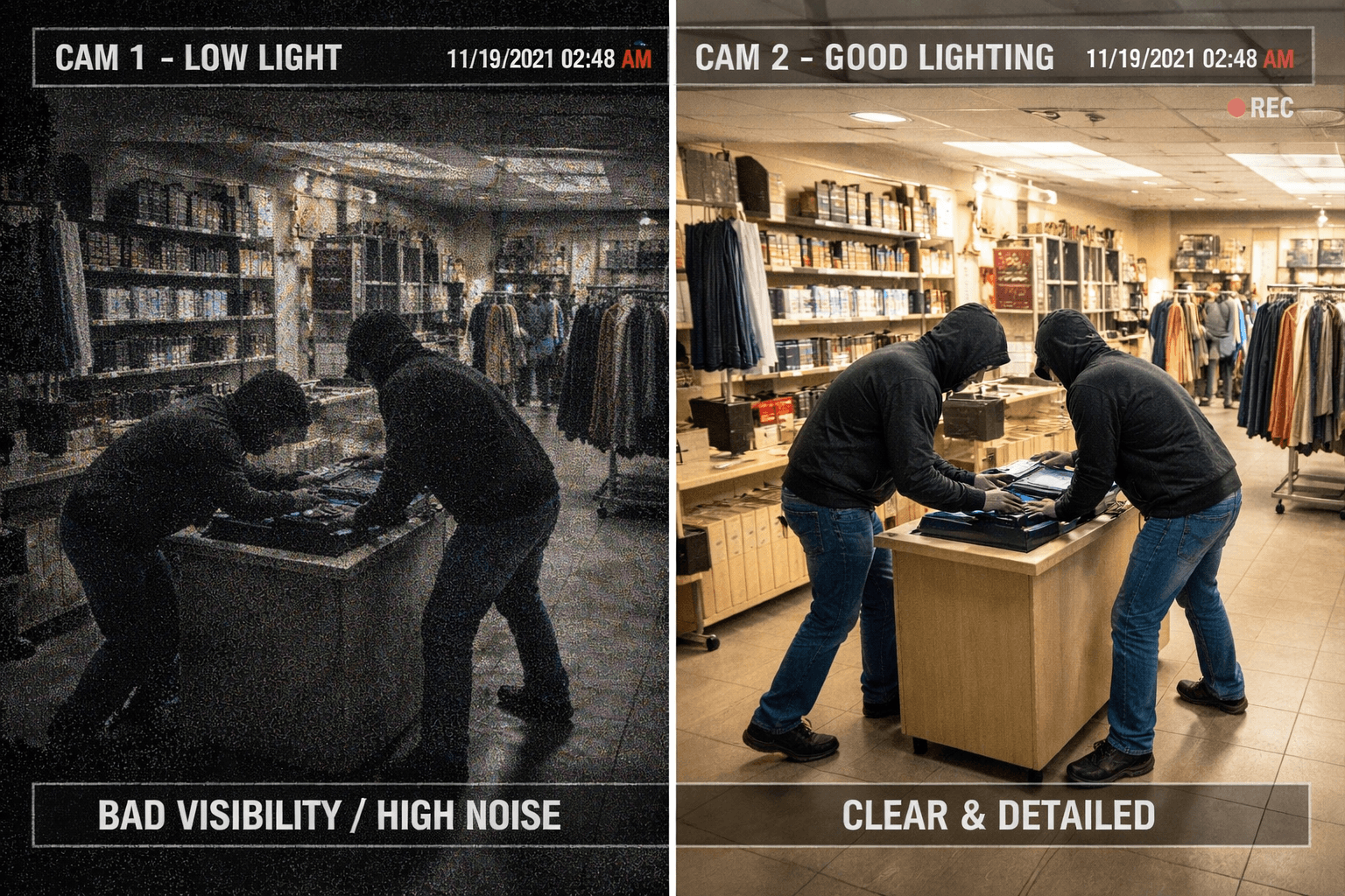 Commercial CCTV camera comparison showing poor low-light footage versus clear well-lit surveillance in a retail environment, highlighting improved image clarity and identification – AR Electronics Auckland