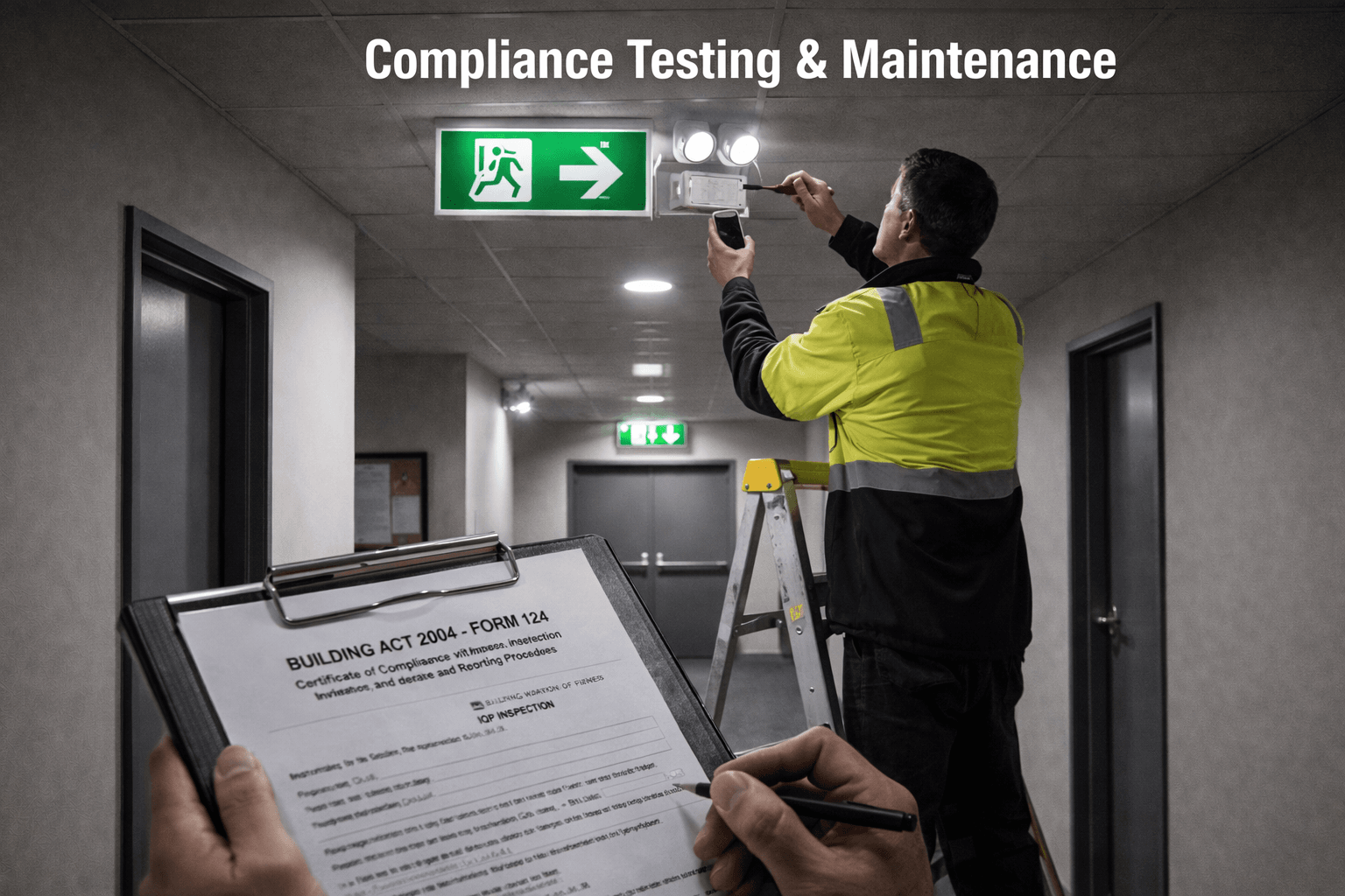 IQP technician performing emergency lighting compliance testing and maintenance, completing Form 12A for Building Warrant of Fitness under the Building Act 2004 – AR Electronics Auckland
