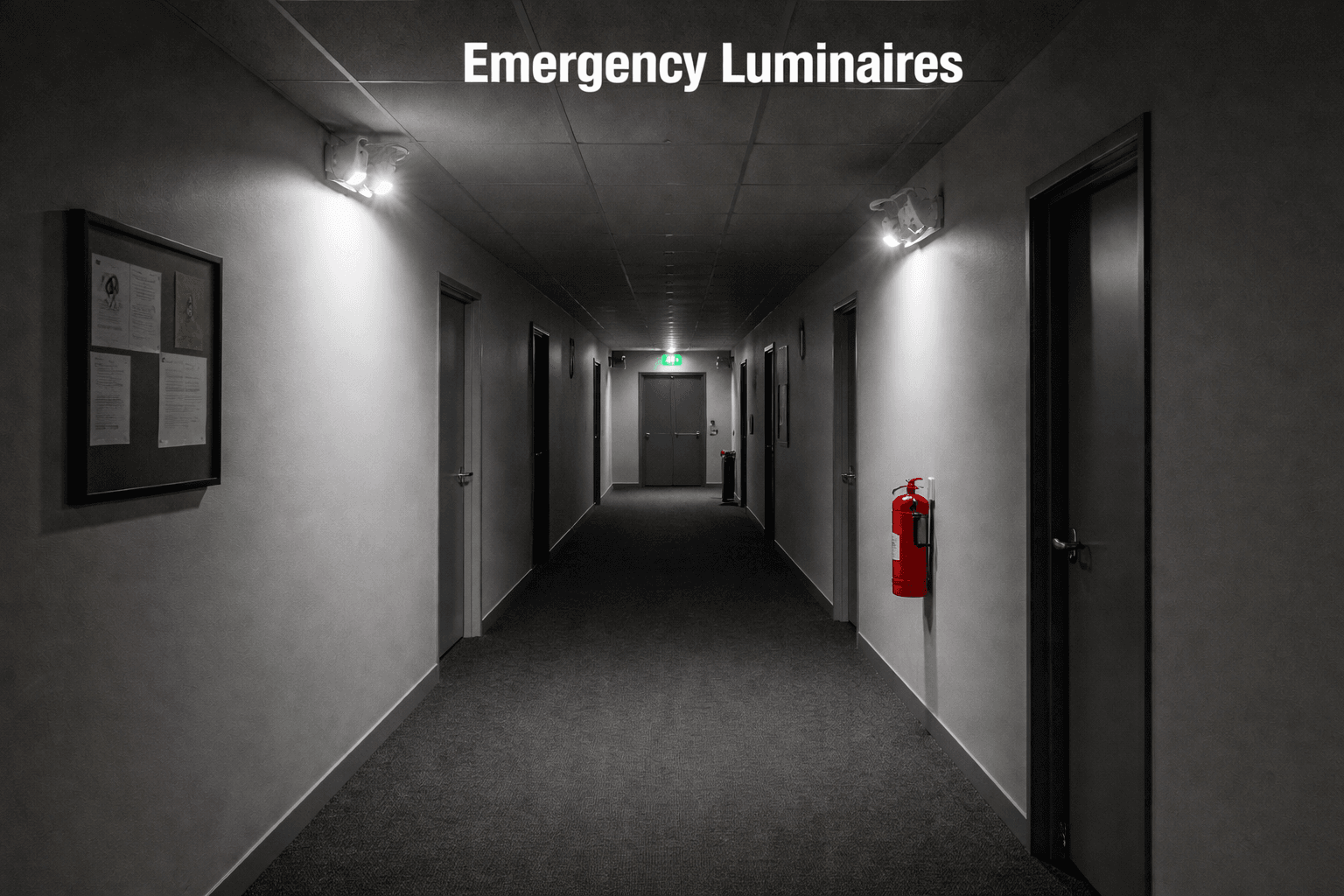 Emergency luminaires illuminating an internal escape route during a power outage, guiding occupants safely through a commercial building – AR Electronics Auckland