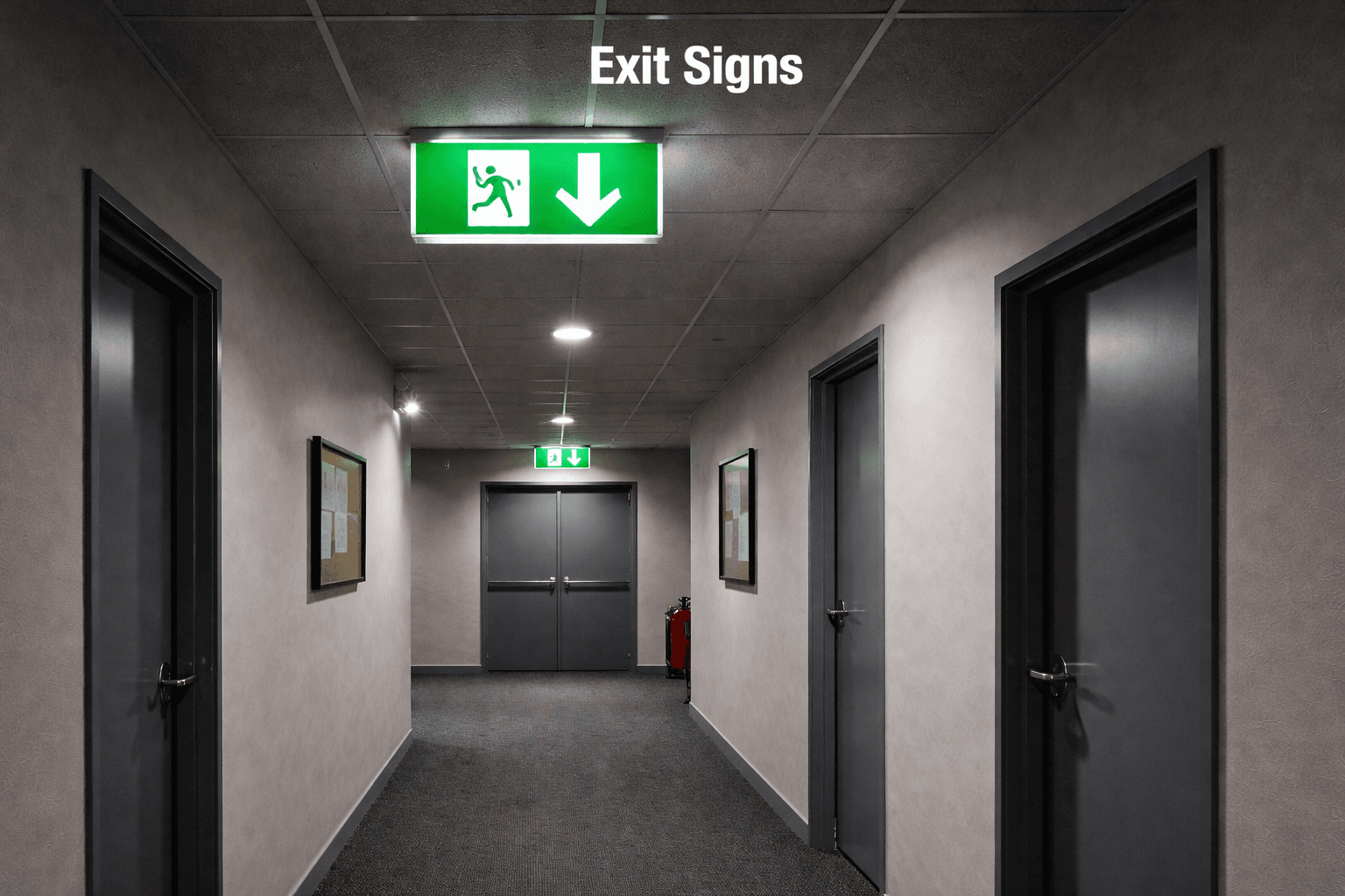 Illuminated exit signs marking emergency escape routes in a commercial building, remaining visible in low light and complying with AS/NZS 2293 requirements – AR Electronics Auckland