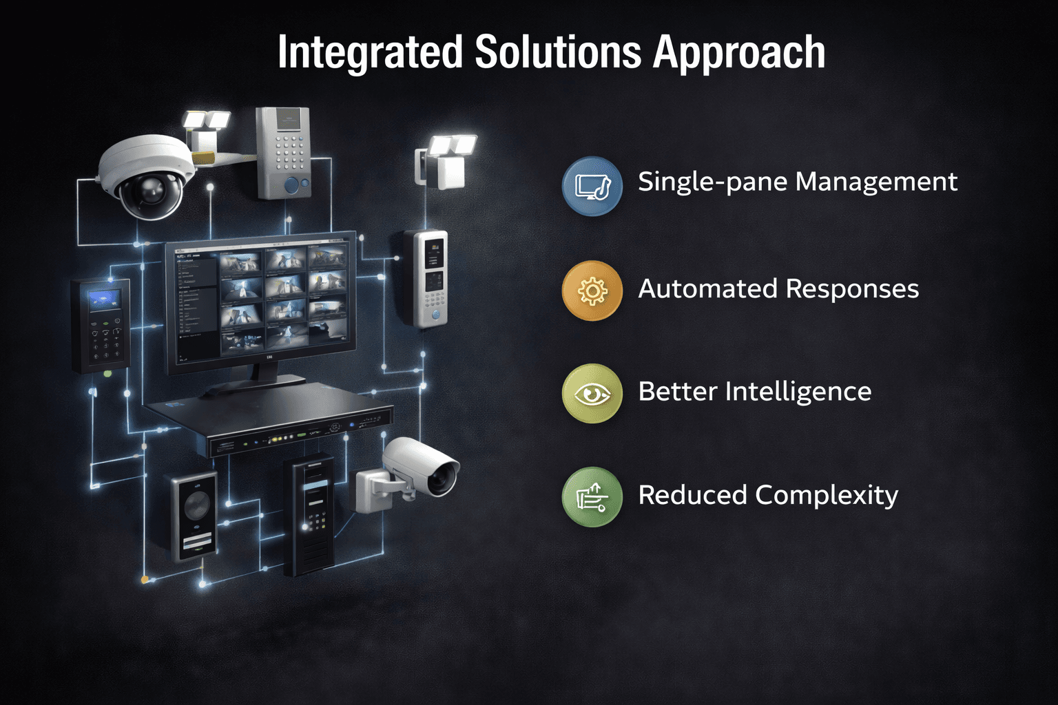 Integrated security systems graphic showing CCTV, access control, alarms, and lighting connected into a unified platform for automated responses and centralised management – AR Electronics Auckland