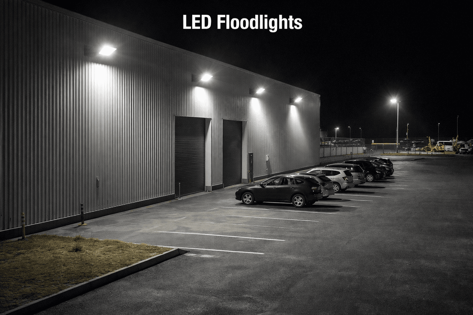 High-output LED floodlights illuminating a commercial car park and warehouse exterior, providing bright, energy-efficient security lighting for improved visibility and safety – AR Electronics Auckland
