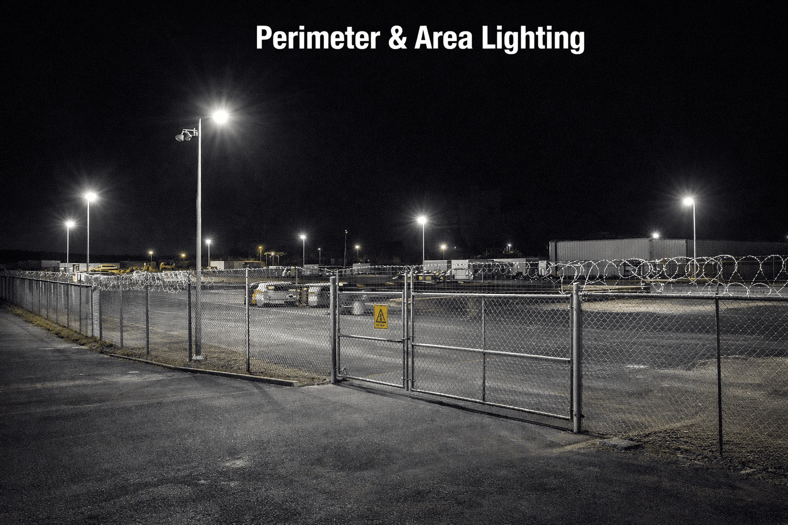 Commercial perimeter and area lighting illuminating a secured industrial site, enhancing visibility and supporting CCTV coverage to prevent unauthorised access – AR Electronics Auckland