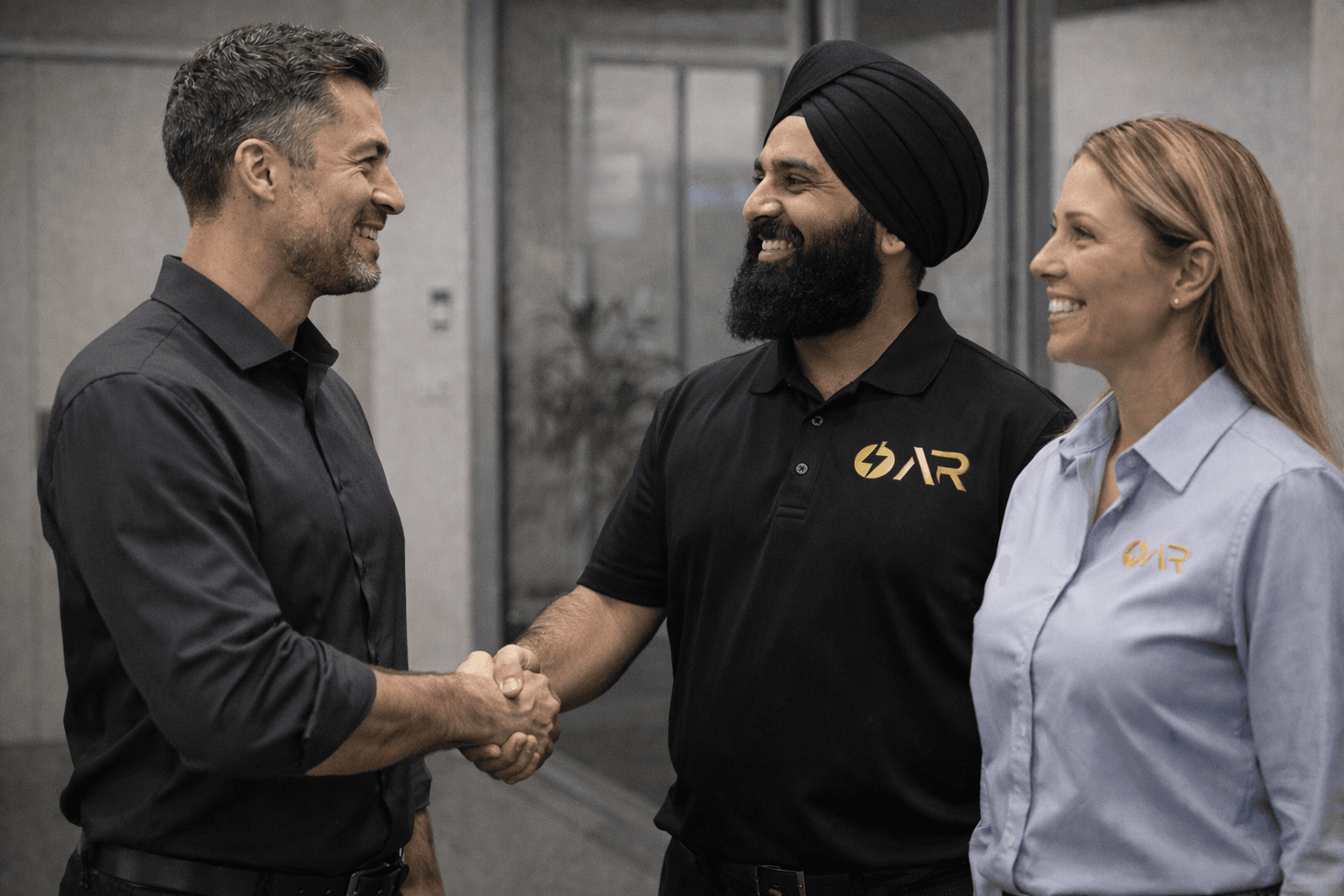 AR Electronics technician greeting a commercial client in a professional office environment, reflecting a trusted security partnership and consultative approach – AR Electronics Auckland