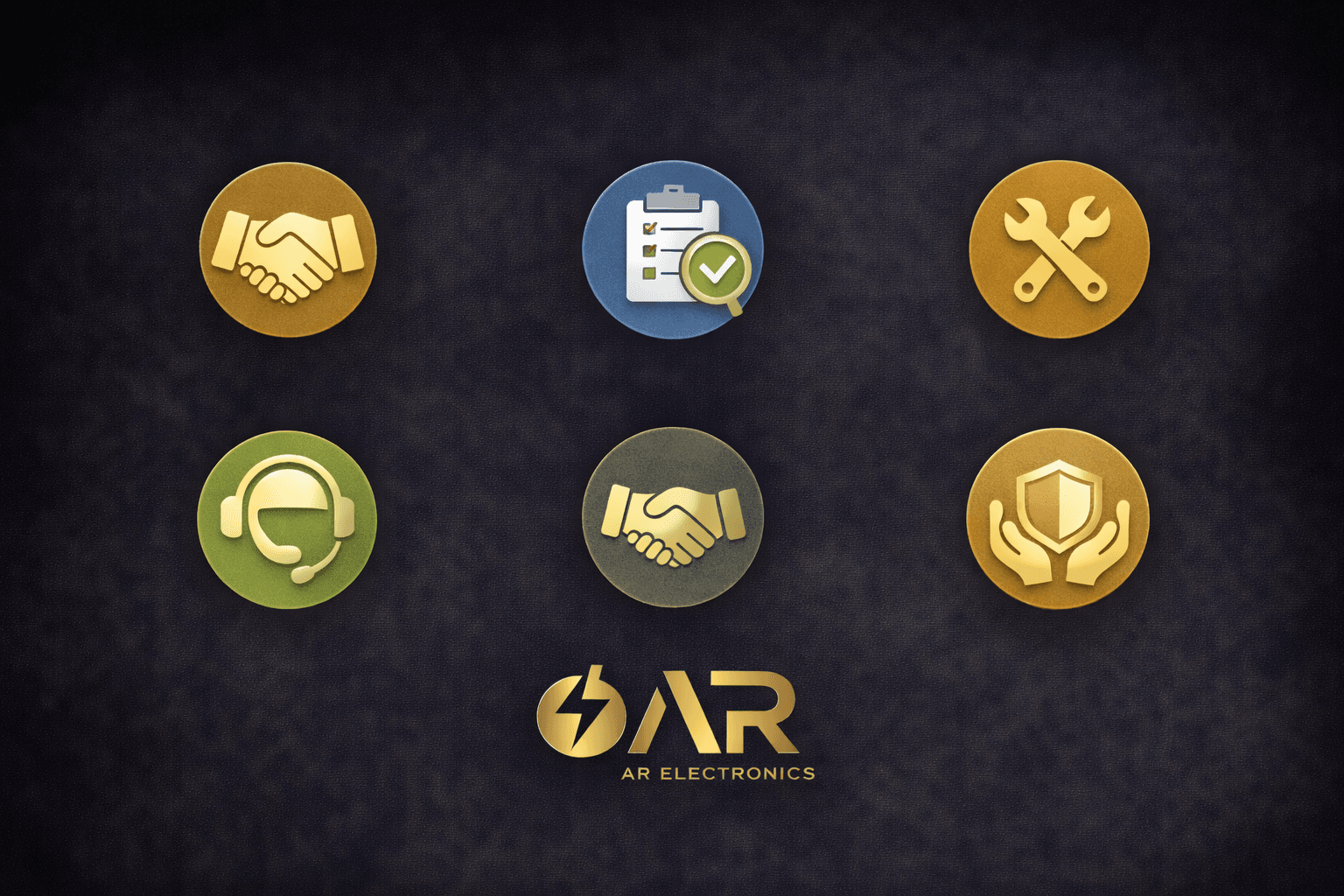 Icon-based graphic representing AR Electronics’ commitment to trust, quality workmanship, transparent processes, reliable support, and long-term security partnerships – AR Electronics Auckland