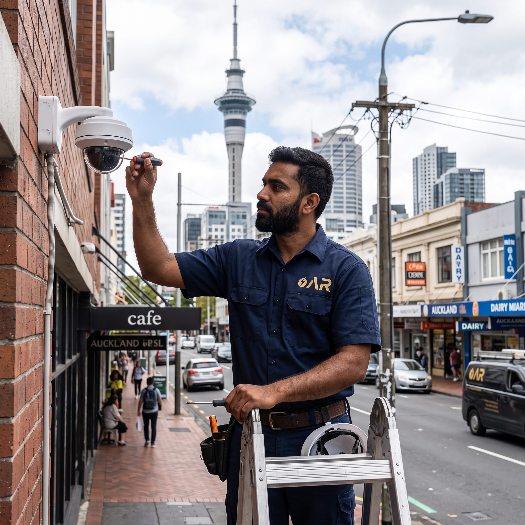 Professional CCTV Installation: AR Electronics technician installing a CCTV dome security camera on a brick building exterior in central Auckland, New Zealand.
